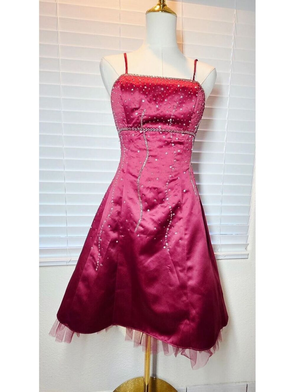 Morgan & Co Burgundy Strapless Dress with Beaded Detailing & Lace Up 5/6 Small